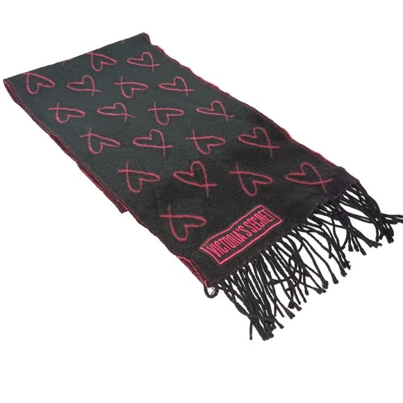 Victoria's Secret Accessories - Victoria's Secret Scarf Black Pink Hearts Fringe Reversible